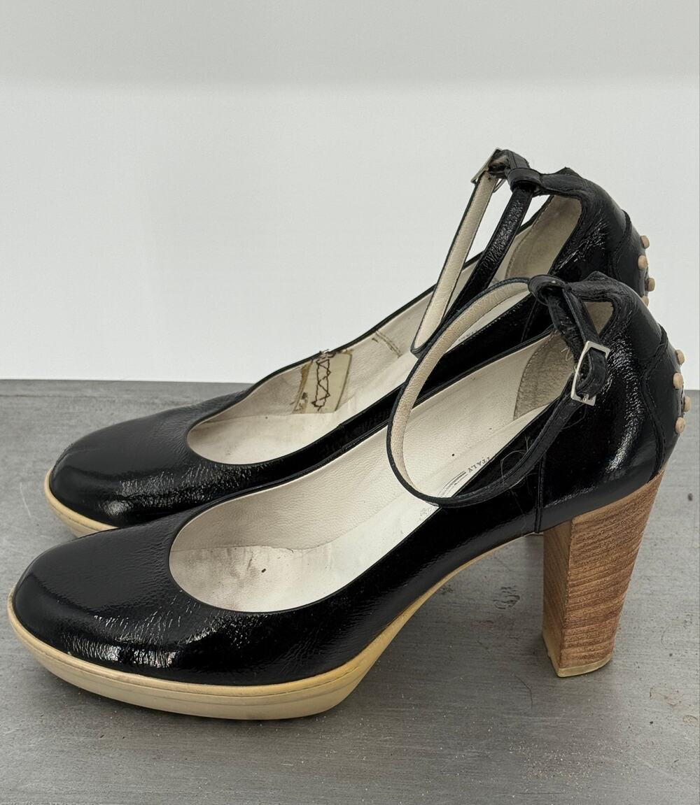 Tod's Designer Black Patent Leather Ankle Strap Block Heel Pumps Women's Size 8
